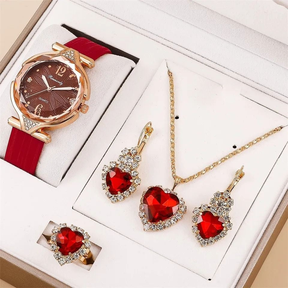 5PCS Set Watch Women Ring Necklace Earring Rhinestone